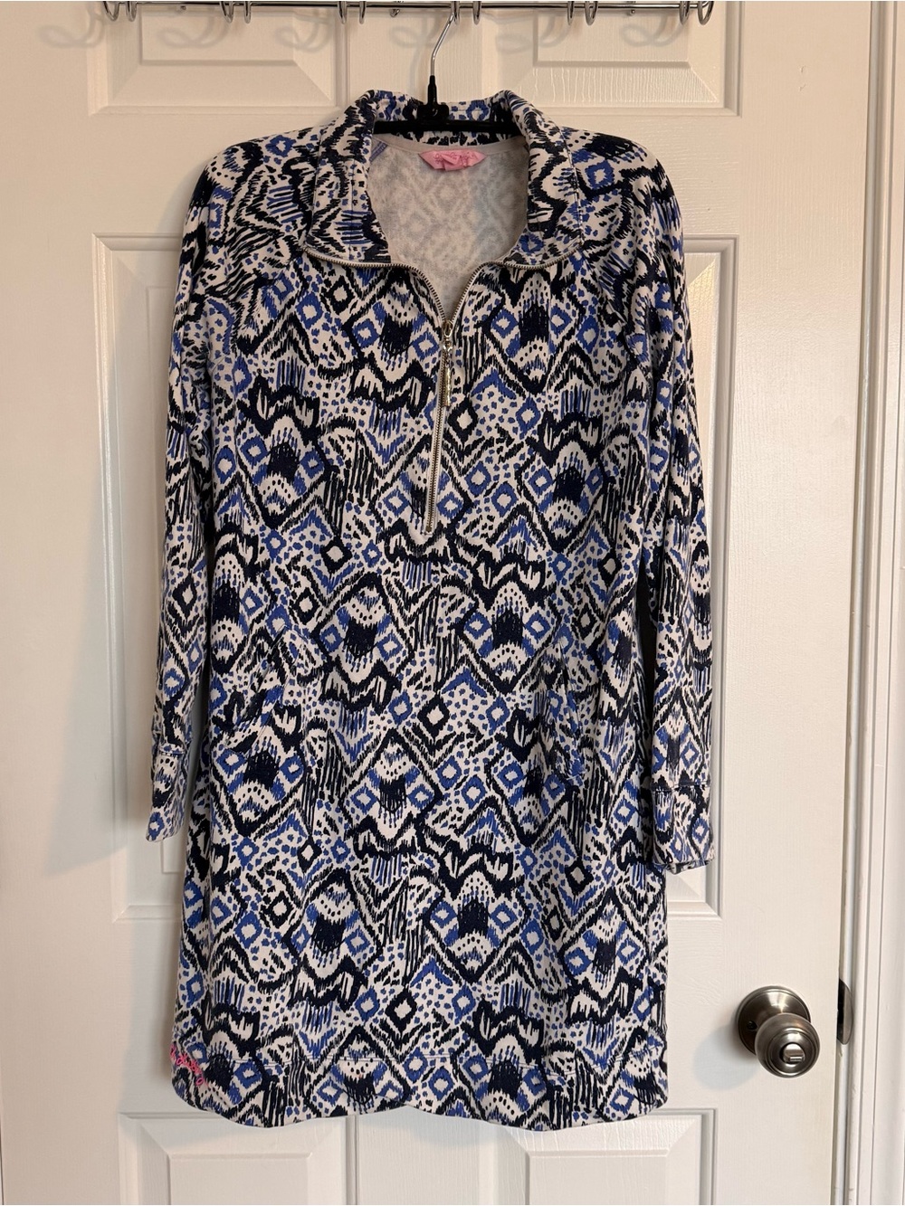 Lilly Pulitzer Blue and Black Patterned Long-Sleeve Half-Zip Dress